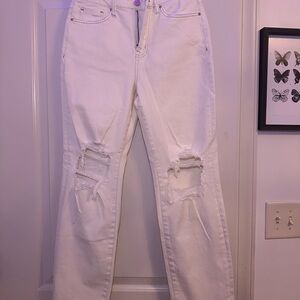 Altar'd State Off White Straight Leg Jeans with Distressed Details